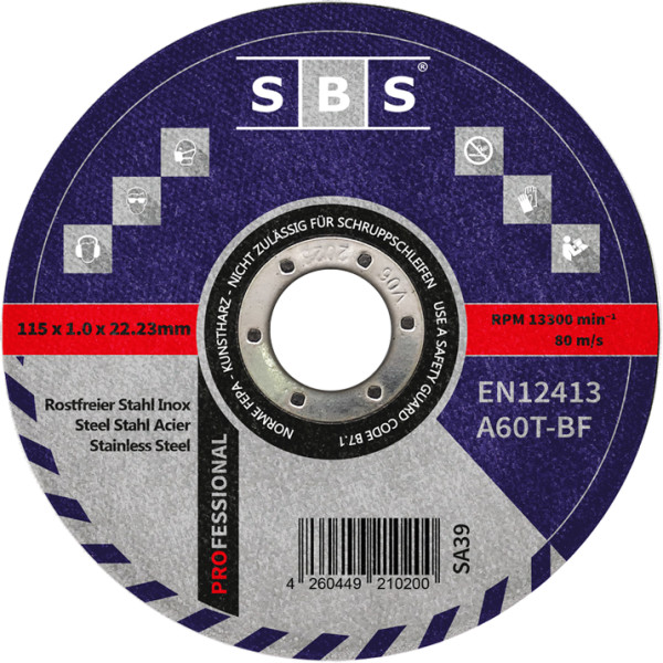 SBS, Vágókorong fémhez és rozsdamentes acélhoz, Ø 115mm x 1mm x 22,2mm, 10db
